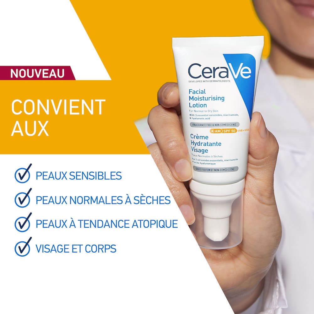 CeraVe crème hydratante visage SPF50 peaux normales à sèches, 52ml