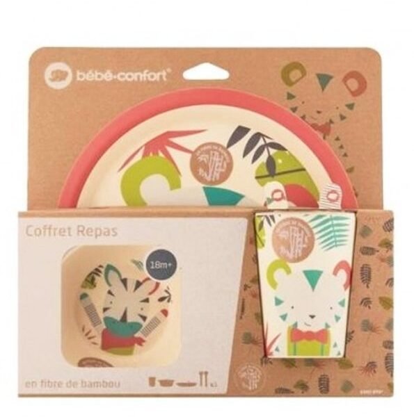 Bebe Confort - Coffret repas en Bambou (Assiette, bol, verre, cuillère, fourchette) - Jungle Vibes (18M +)