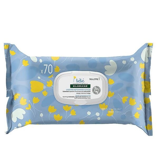 Klorane - Lingettes nettoyantes douces pour le corps au Calendula apaisant - Bébé - Peau normale à sèche 70 unités