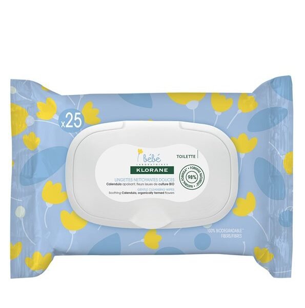 Klorane - Lingettes nettoyantes douces pour le corps au Calendula apaisant - Bébé - Peau normale à sèche 25 unités