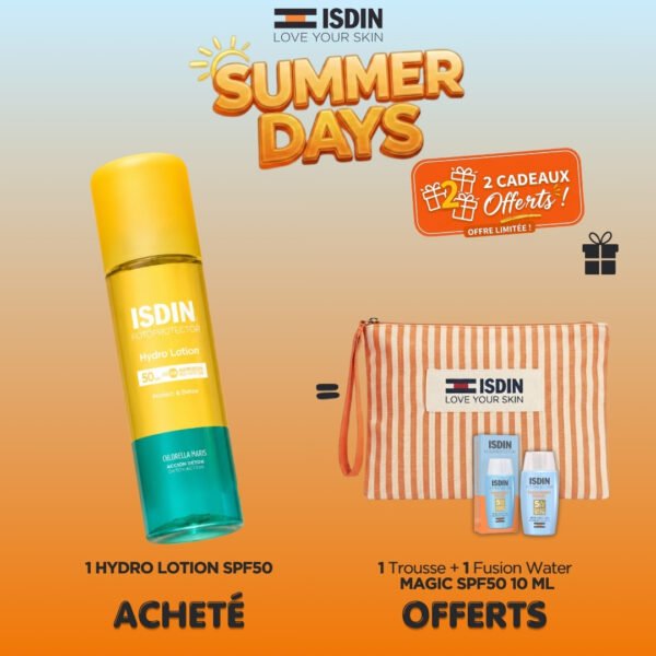 ISDIN Fotoprotector hydro Lotion spf50+ 200ml = Trousse + Fusion waters 10ml Offerts