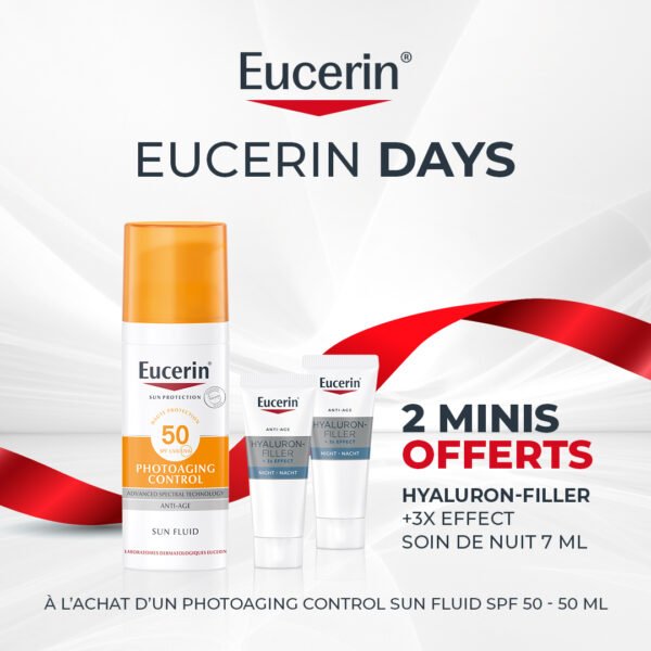 EUCERIN PHOTOAGING CONTROLE SUN FLUID SPF+50 = 2 Minis Hyaluron Filler Nuit Offerts