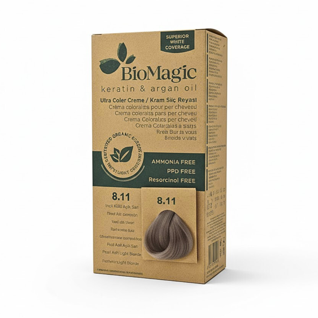 Biomagic-Hair-Color-Cream-Kit-811-Intense-Ash-Light-Blonde.png Biomagic Hair Color Cream Kit 8/11 Intense Ash Light Blonde – Image 1