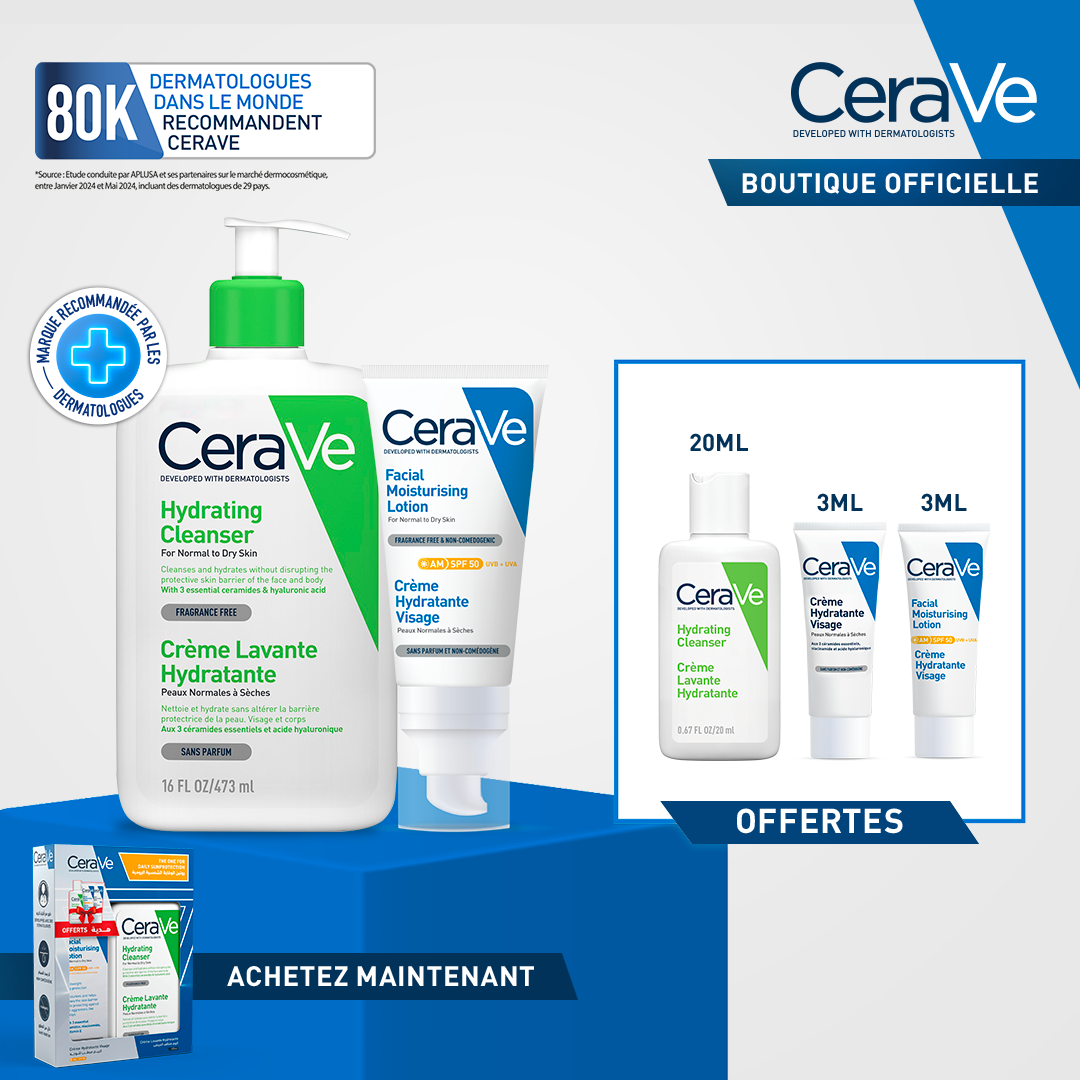 CRV-2-2.png CeraVe Crème Lavante Hydratante Peau Normale à Sèche 473ml + Crème Hydratante Spf50 = 3 Miniatures Offertes – Image 1