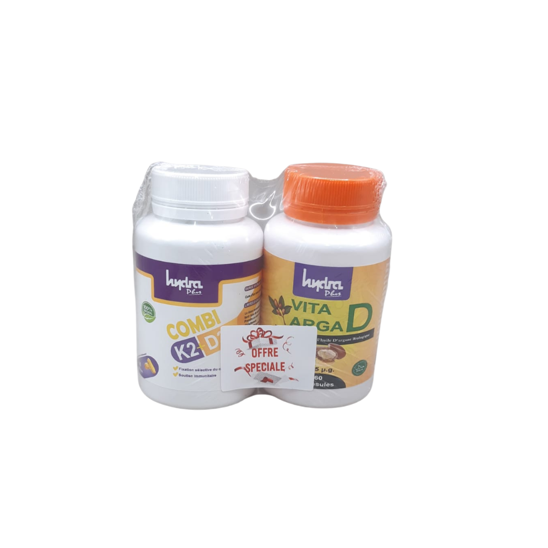 Hydra-Plus-Combi-K2-D3-60cpsVita-Argad-Vit-D3-60cps-Pack.png Hydra Plus Combi K2 D3 60 Comprimes + Vita Arga D 60 Comprimes Pack – Image 1
