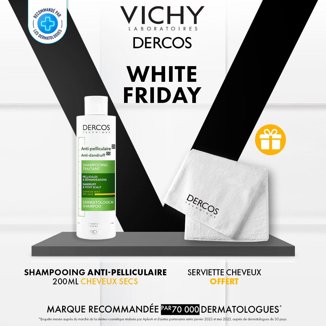 VICHY-4-1.png Vichy Dercos Shampoing Traitant Anti-Pelliculaire Cheveux Secs | 200ml = Serviette Offerte – Image 1