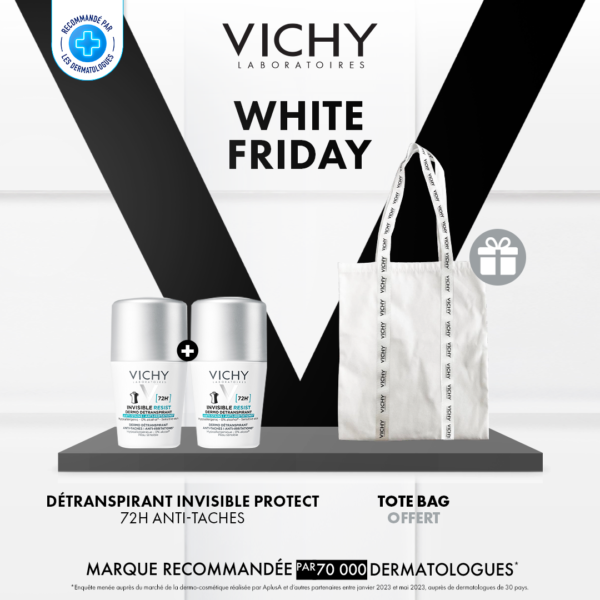 VICHY DÉODORANT  DERMO-DÉTRANSPIRANT INVISIBLE PROTECT 72H ANTI-TACHES ANTI-IRRITATIONS LOT DE 2 = TOTE BAG Offert