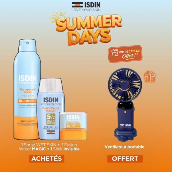 ISDIN Spray Wet Skin + Fusion Water Magic + Stick Invisible = Ventilateur Portable Offert
