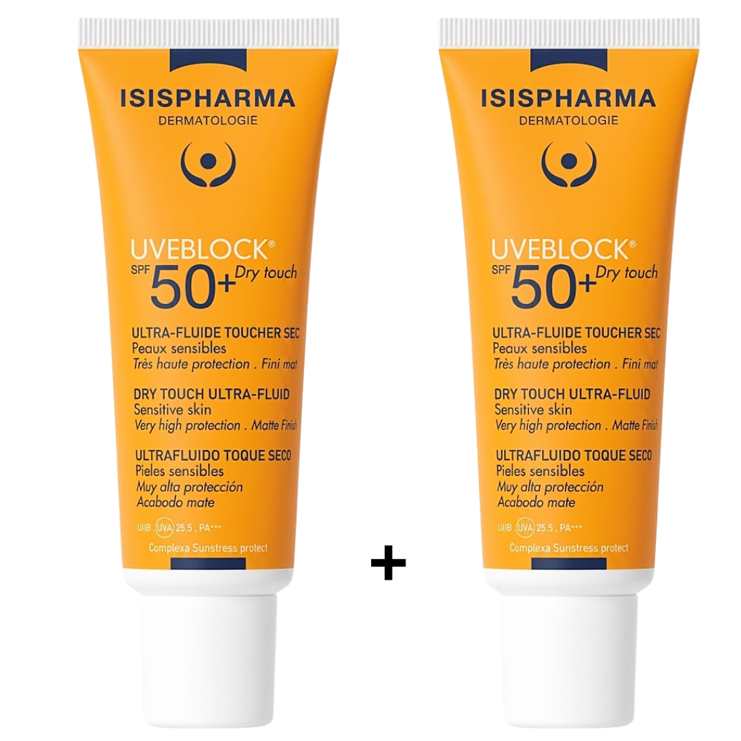 Isis Uveblock Dry touch Ultra-fluide spf50 240ml pack Isispharma Uveblock Dry touch Ultra-Fluide Spf50 2 x 40ml Pack – Image 1