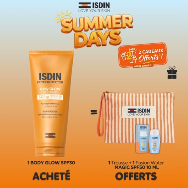 ISDIN fotoprotector Body Glow Spf30 200ml = Trousse + Fusion water 10ml Offerts