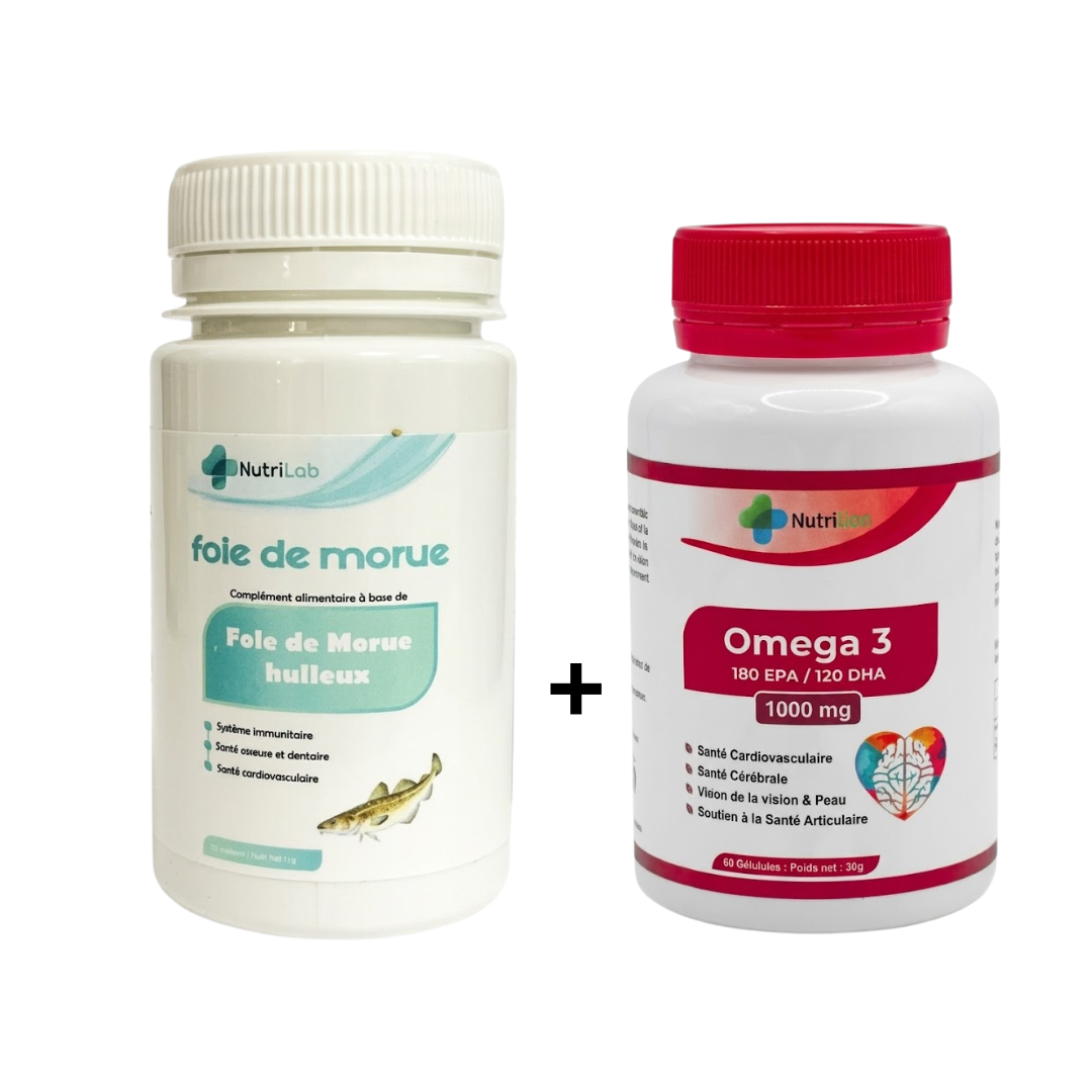 Nutrilab Omega 3 1000mg 60cps+ Foie De Morue 30cps Duo Pack Nutrilab Omega 3 1000mg 60 Capsules+ Foie De Morue 30 Capsules Duo Pack – Image 1