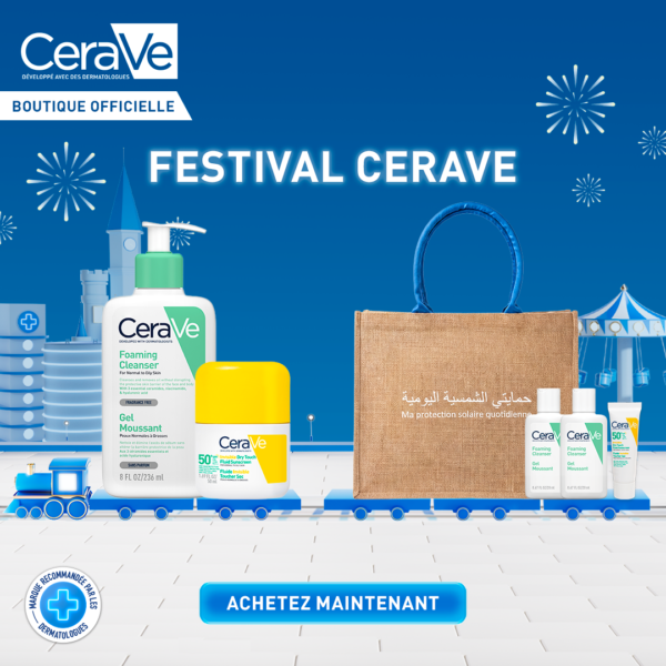 CeraVe Gel Moussant 236 ml + Fluide Invisible Toucher Sec SPF50 = 2 gel moussant 20 ml + Sac Solaire + 5ml fluide hydratant Offerts