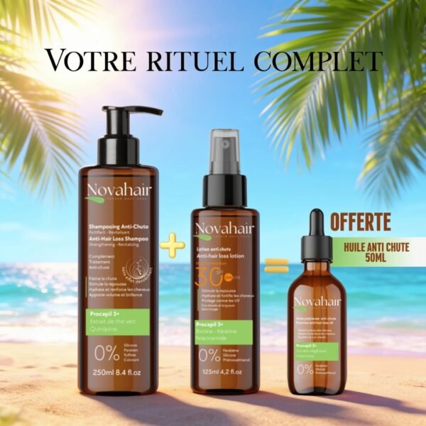 NOVAHAIR OFFRE SHAMPOING 250ML + LOTION 125ML +HUILE ANTI CHUTE 50ML OFFERTE
