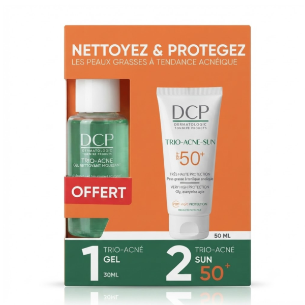 DCP Duo Peaux Grasses à Tendance Acnéique Écran Solaire Trio-Acné Sun SPF 50+ + Gel Nettoyant Moussant Trio-Acné 30 ml Offert