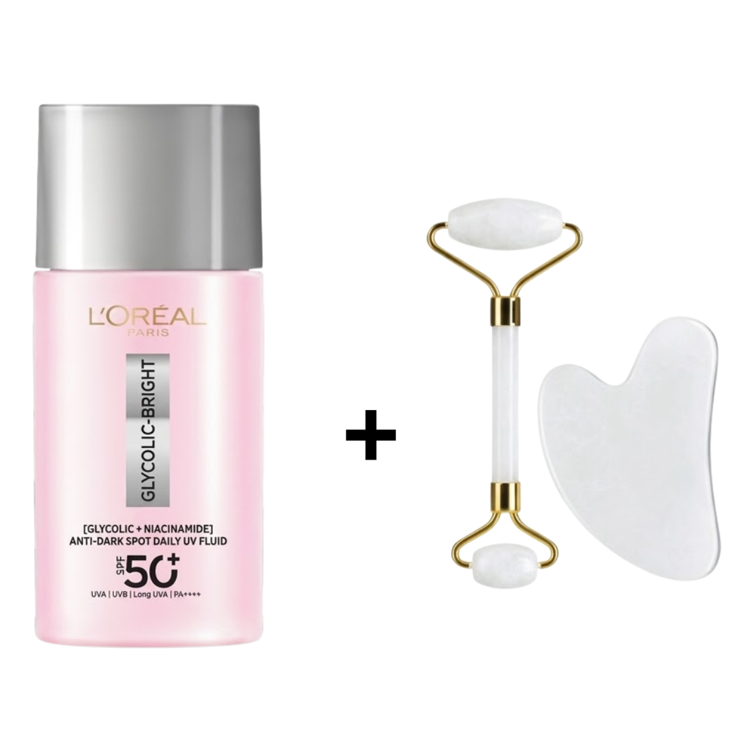 Loreal-Glycolic-Bright-serum-GlowingCoffret-Guasha-pack.png L'oreal Paris Glycolic Bright Serum & Glowing+Coffret Guasha Pack – Image 1