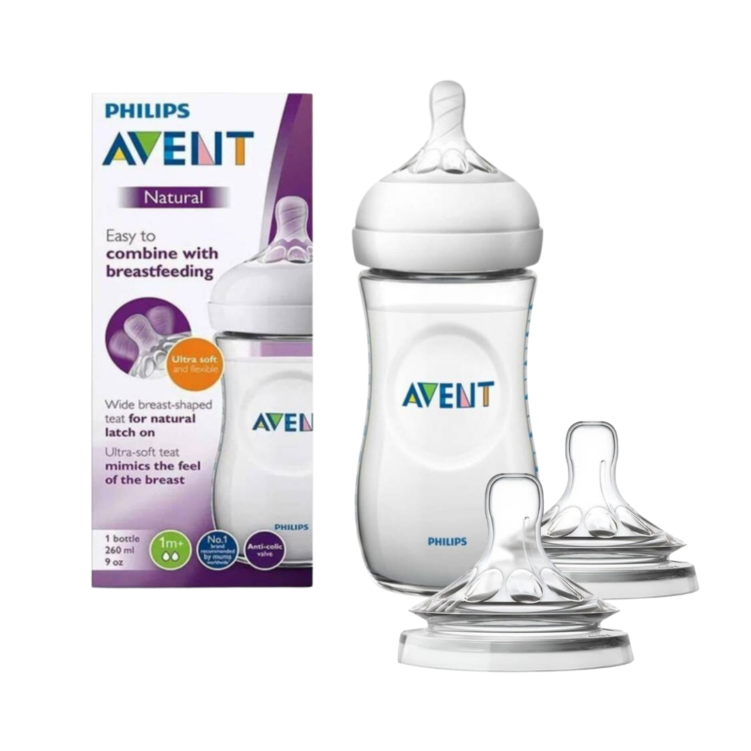 Avent-duo-pack-Natural-Bib-260ml-scf033172-Tet-3m-scf04527-3.png Avent Natural Biberon 260ml Scf033/17 + 2 Tetine +3m scf045/27 – Image 1