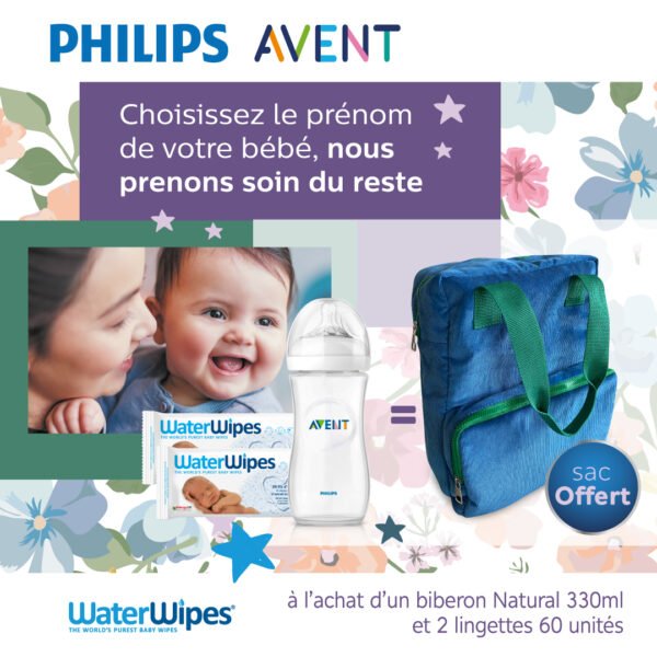 Avent Biberon Natural 260ml scf033/17+2 Lingettes Watterwips Sac